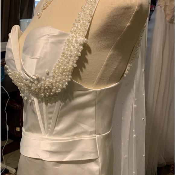 Mermaid One Shoulder Ivory Beaded Ruffles Long Prom wedding Evening Formal - Picture 6 of 7